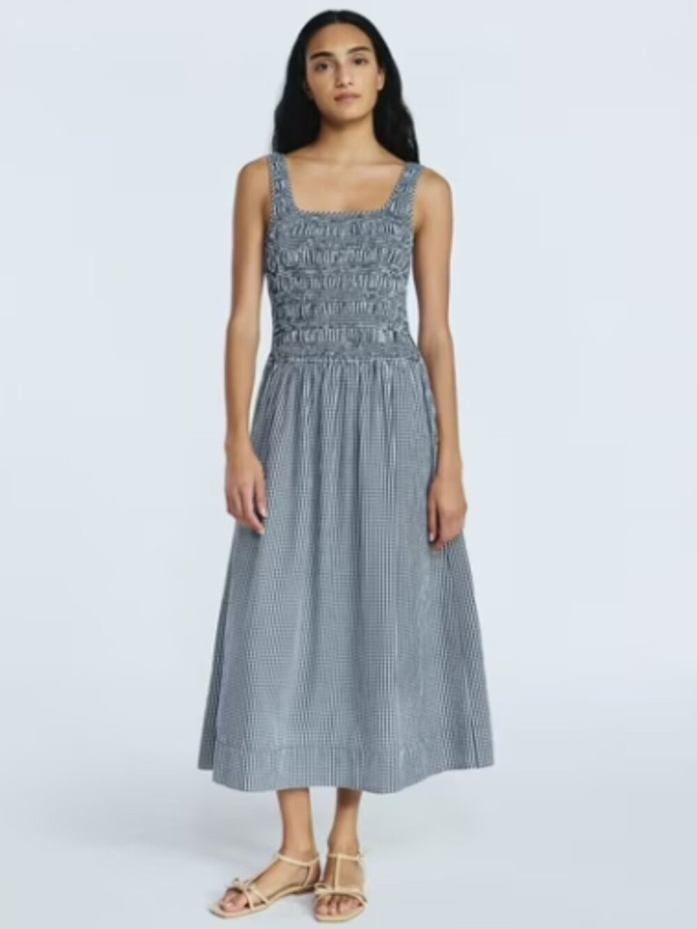 Free Assembly Women's Cotton Sleeveless Smocked Midi Dress Gingham, L 12-14 NEW